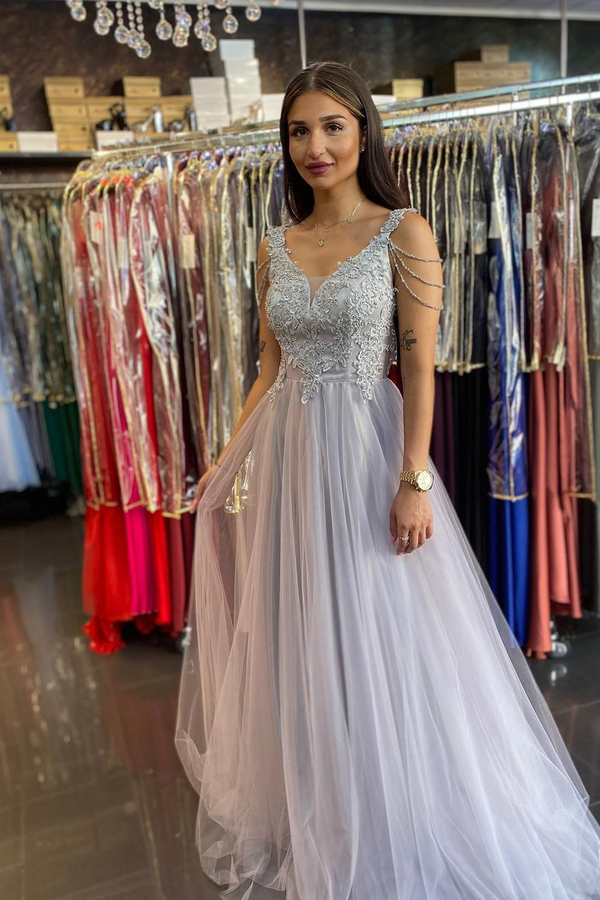 Tassels Straps Tulle Lace A-Line Evening Maxi Dress