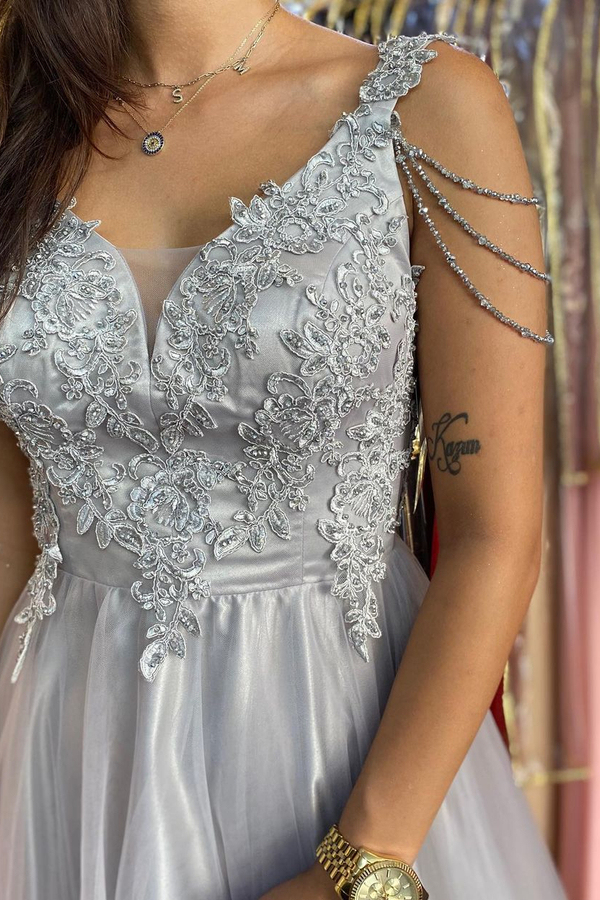 Tassels Straps Tulle Lace A-Line Evening Maxi Dress