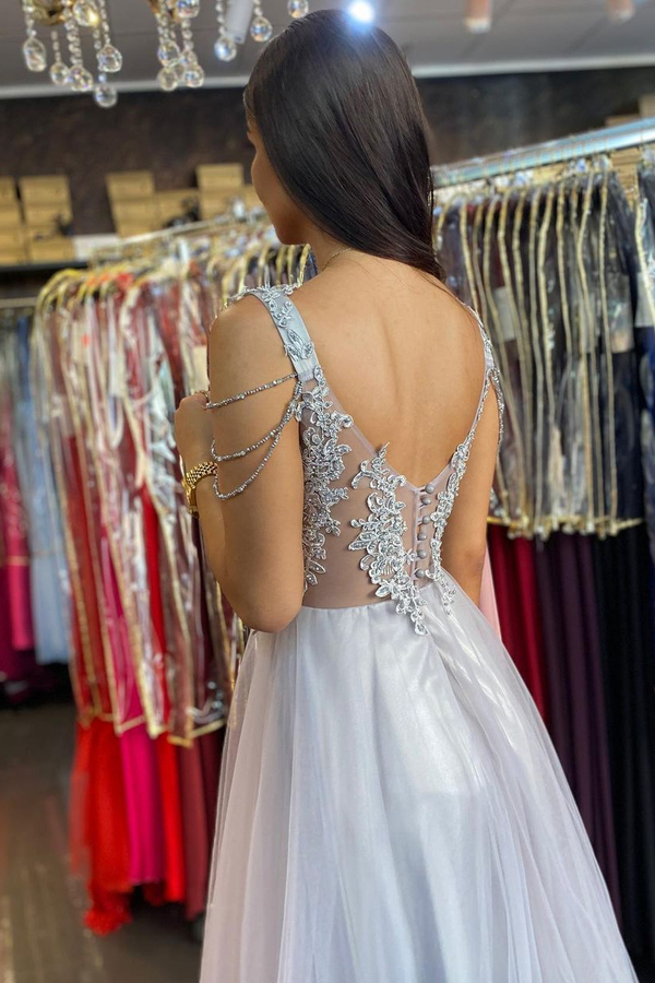 Tassels Straps Tulle Lace A-Line Evening Maxi Dress