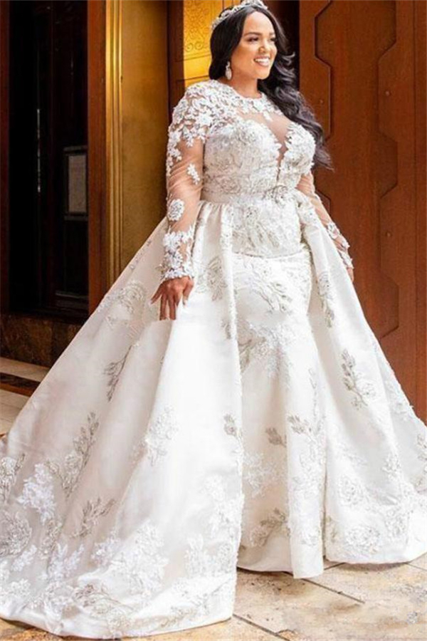 Trendy Long Sleeve Lace White Mermaid Bridal Gown with Detachable Overskirt