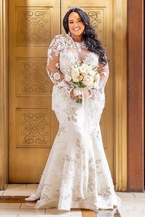 Trendy Long Sleeve Lace White Mermaid Bridal Gown with Detachable Overskirt