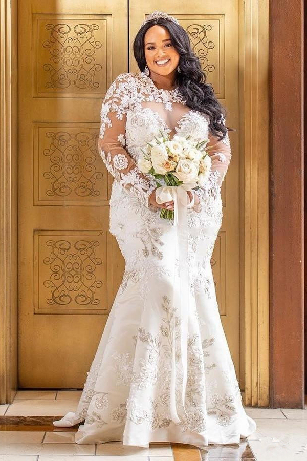 Trendy Long Sleeve Lace White Mermaid Bridal Gown with Detachable Overskirt