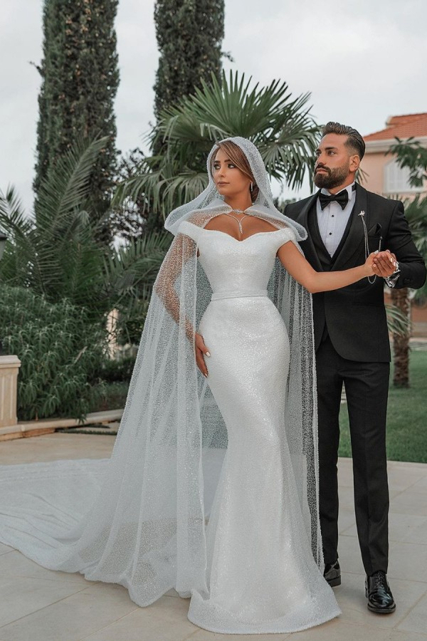 Trendy Off-Shoulder White Mermaid Wedding Dress with Belt