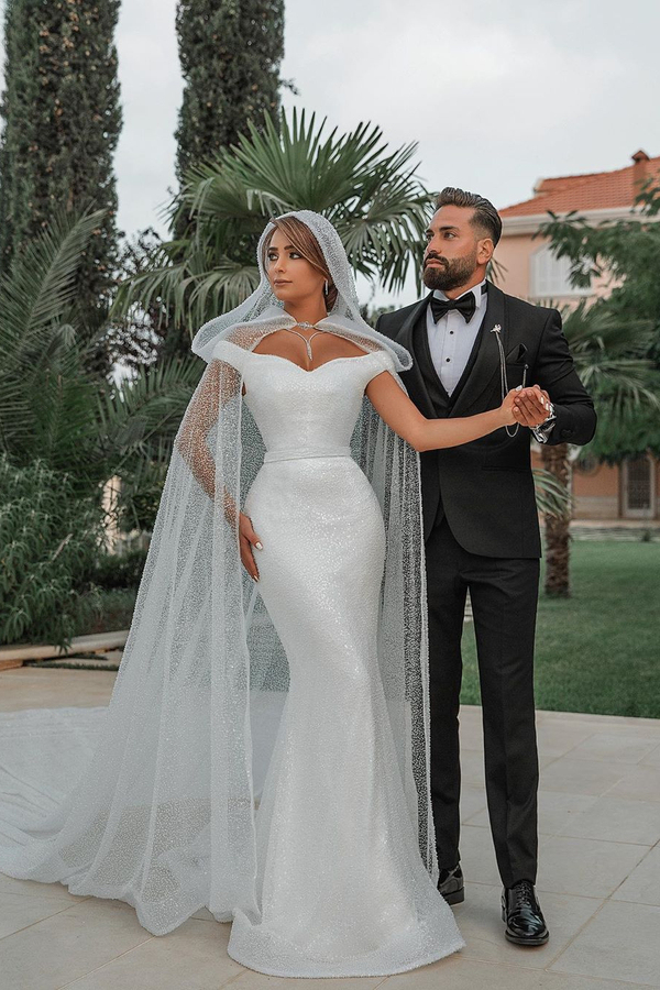 Trendy Off-Shoulder White Mermaid Wedding Dress with Belt