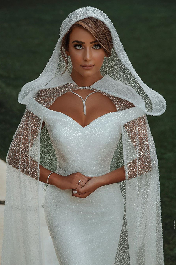 Trendy Off-Shoulder White Mermaid Wedding Dress with Belt