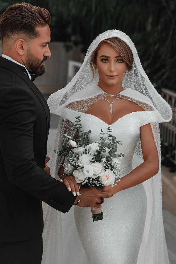 Trendy Off-Shoulder White Mermaid Wedding Dress with Belt