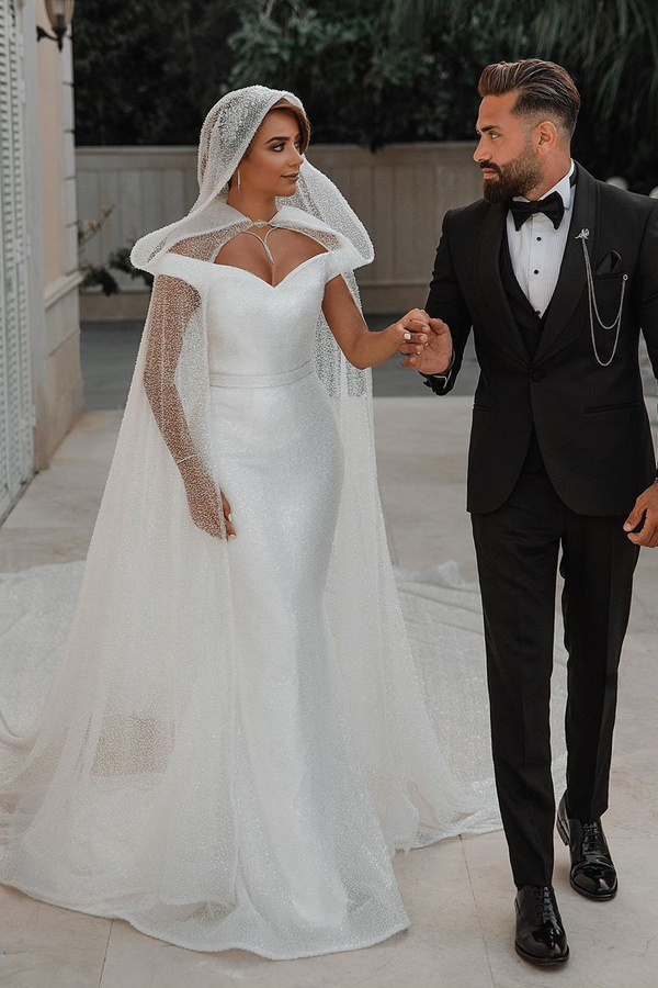 Trendy Off-Shoulder White Mermaid Wedding Dress with Belt