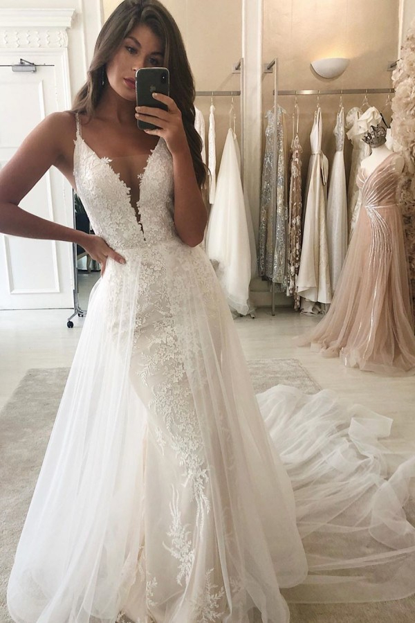 Trendy Spaghetti Strap Summer White Mermaid Wedding Dress with Overskirt