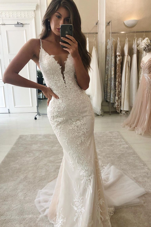 Trendy Spaghetti Strap Summer White Mermaid Wedding Dress with Overskirt