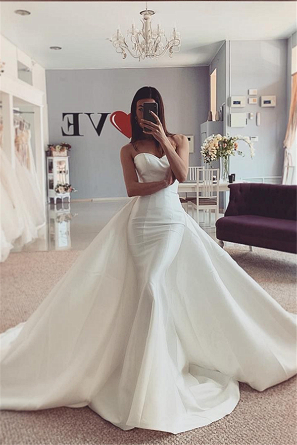 Trendy Strapless White Satin Mermaid Wedding Dress with Sweep Overskirt