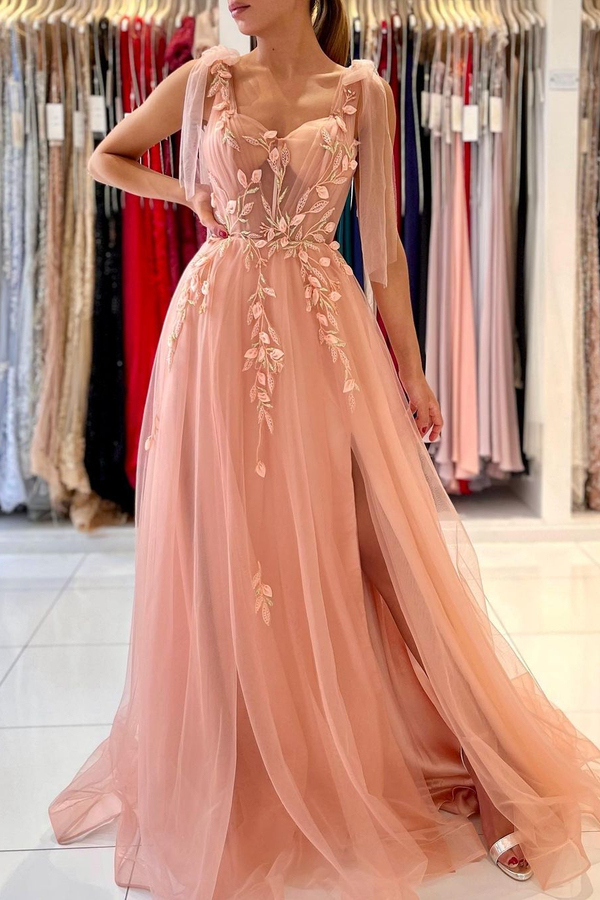 Tulle Sleeveless A-Line Evening Dress | Sweetheart Side Slit Floral Lace Formal Dress