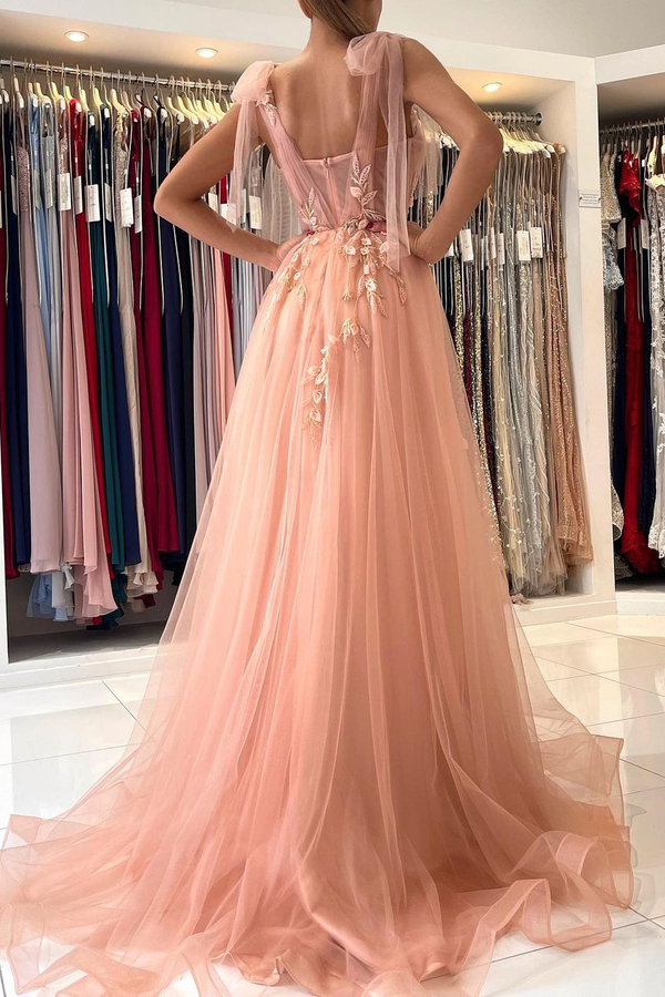 Tulle Sleeveless A-Line Evening Dress | Sweetheart Side Slit Floral Lace Formal Dress