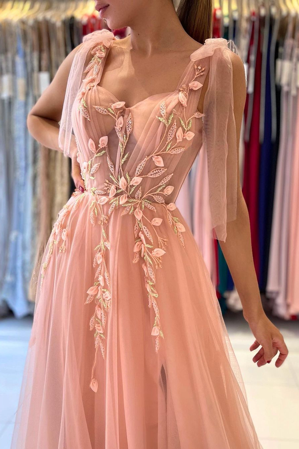 Tulle Sleeveless A-Line Evening Dress | Sweetheart Side Slit Floral Lace Formal Dress