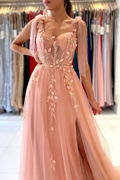 Tulle Sleeveless A-Line Evening Dress | Sweetheart Side Slit Floral Lace Formal Dress