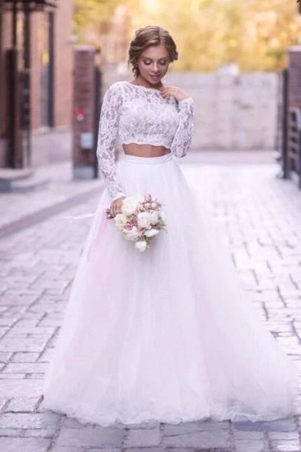 Two-Piece A-Line Long Sleeve Tulle Wedding Dress with Lace Appliques