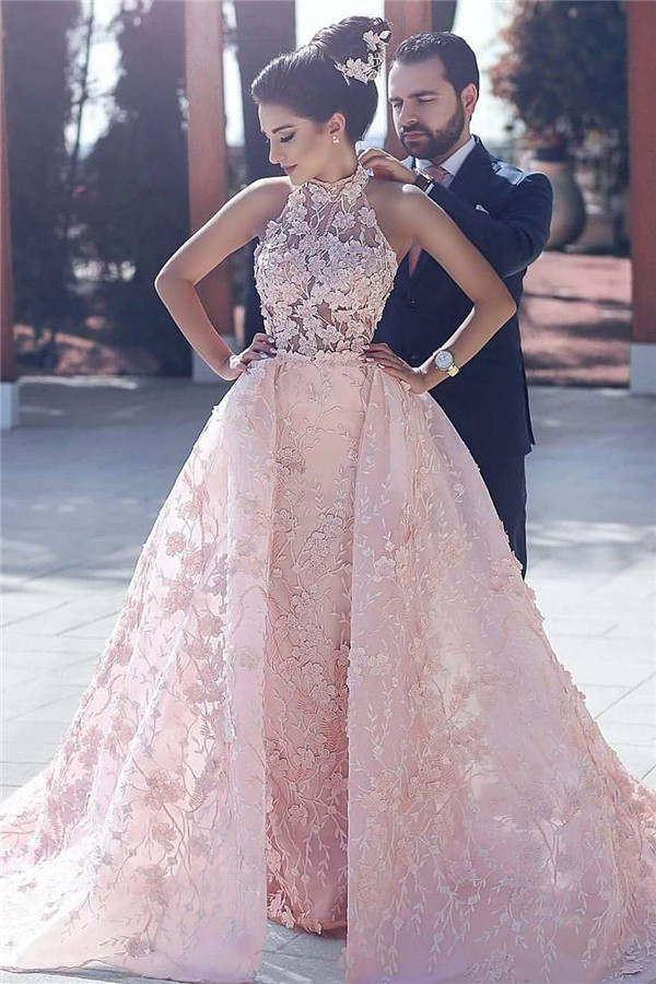 Unique High Neck Floral Lace Evening Dress Gorgeous Pink Overskirt Prom Dress