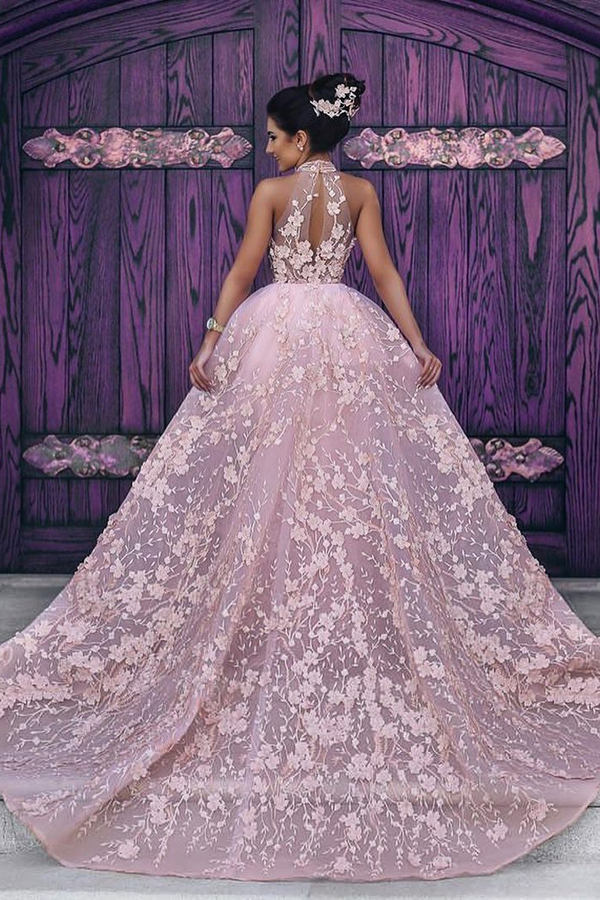 Unique High Neck Floral Lace Evening Dress Gorgeous Pink Overskirt Prom Dress