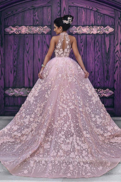 Unique High Neck Floral Lace Evening Dress Gorgeous Pink Overskirt Prom Dress