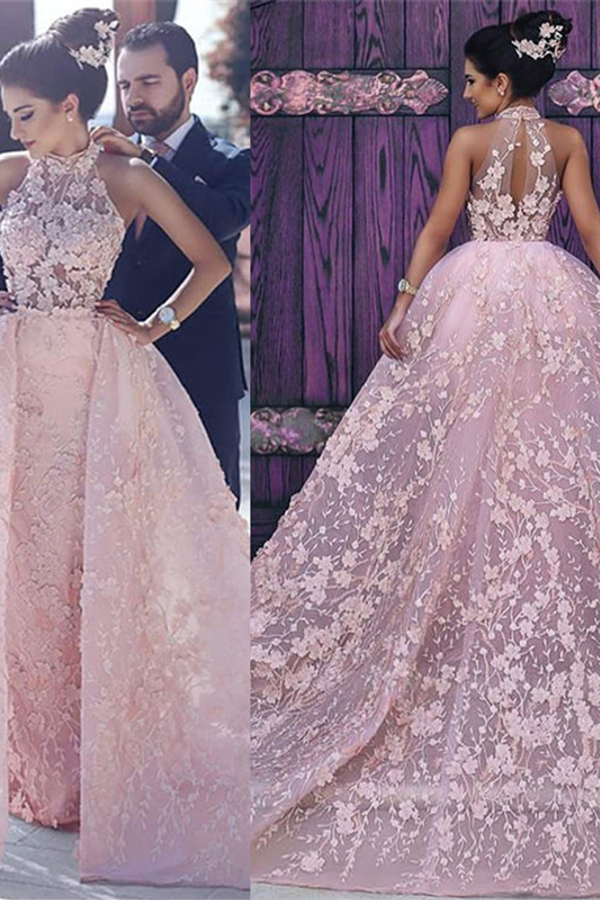 Unique High Neck Floral Lace Evening Dress Gorgeous Pink Overskirt Prom Dress