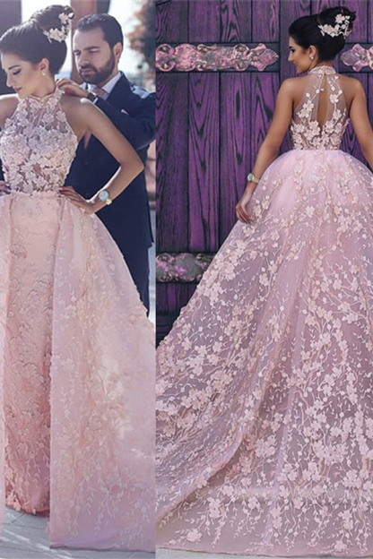 Unique High Neck Floral Lace Evening Dress Gorgeous Pink Overskirt Prom Dress