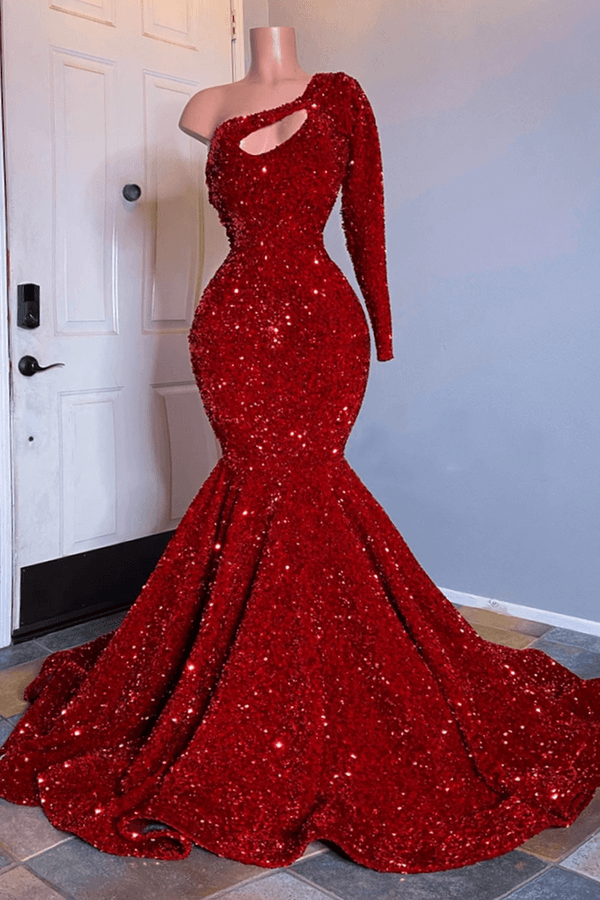 Unique One-Shoulder Sparkle Red Keyhole Prom Dress Long