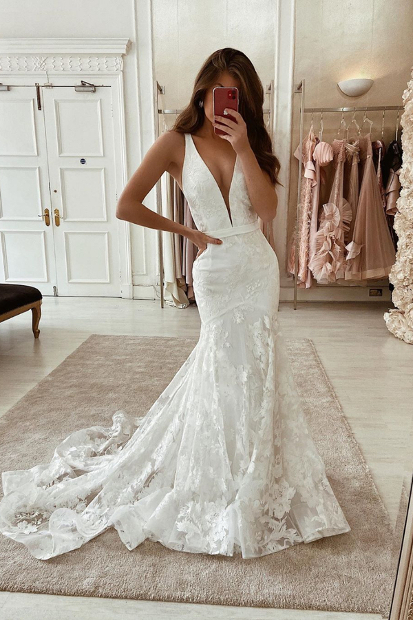 Unique Sleeveless Deep V-Neck Lace Long Wedding Dress