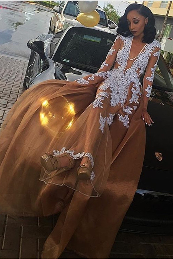 V-Neck A-Line Lace Applique Prom Dress Long Sleeves Evening Dress