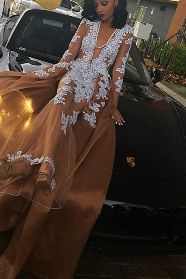 V-Neck A-Line Lace Applique Prom Dress Long Sleeves Evening Dress