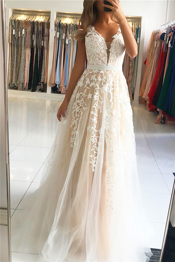 V-Neck Aline Lace Prom Dress | Elegant Long Sleeve Evening Dress
