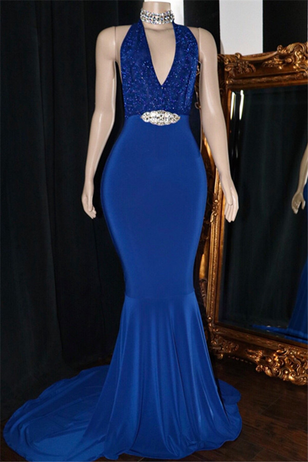 V-Neck Blue Sequin Prom Dress with Crystal Backless Design