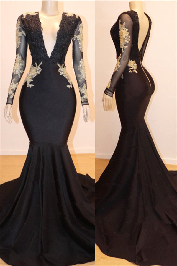 V-Neck Gold Lace Open Back Prom Dress | Mermaid Long Sleeve Black Graduation Dress