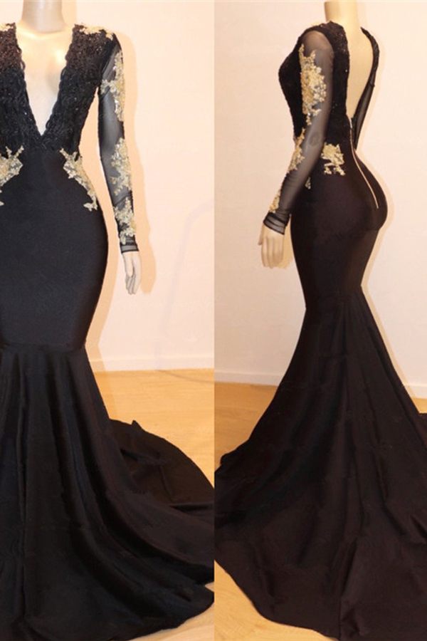 V-Neck Gold Lace Open Back Prom Dress | Mermaid Long Sleeve Black Graduation Dress