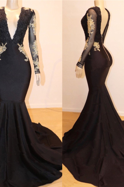 V-Neck Gold Lace Open Back Prom Dress | Mermaid Long Sleeve Black Graduation Dress