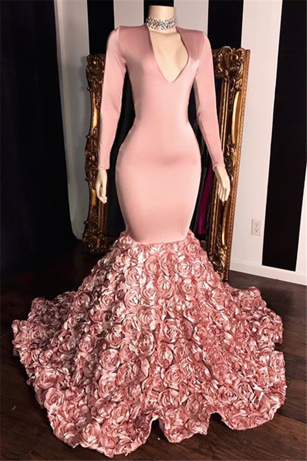 V-Neck Long Sleeve Pink Floral Prom Dress on Mannequins Mermaid Evening Gown