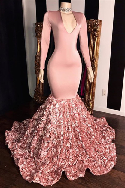 V-Neck Long Sleeve Pink Floral Prom Dress on Mannequins Mermaid Evening Gown