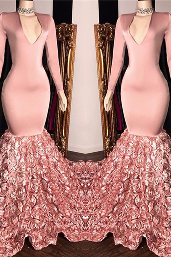 V-Neck Long Sleeve Pink Floral Prom Dress on Mannequins Mermaid Evening Gown