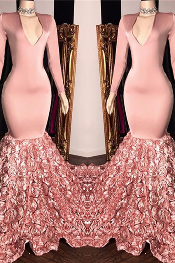 V-Neck Long Sleeve Pink Floral Prom Dress on Mannequins Mermaid Evening Gown