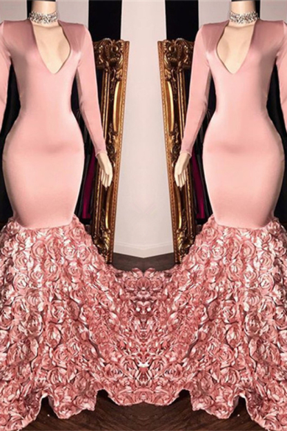 V-Neck Long Sleeve Pink Floral Prom Dress on Mannequins Mermaid Evening Gown