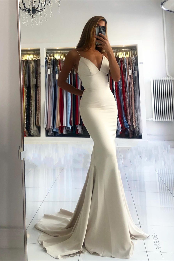 V-Neck Mermaid Ivory Spaghetti Strap Simple Evening Dress