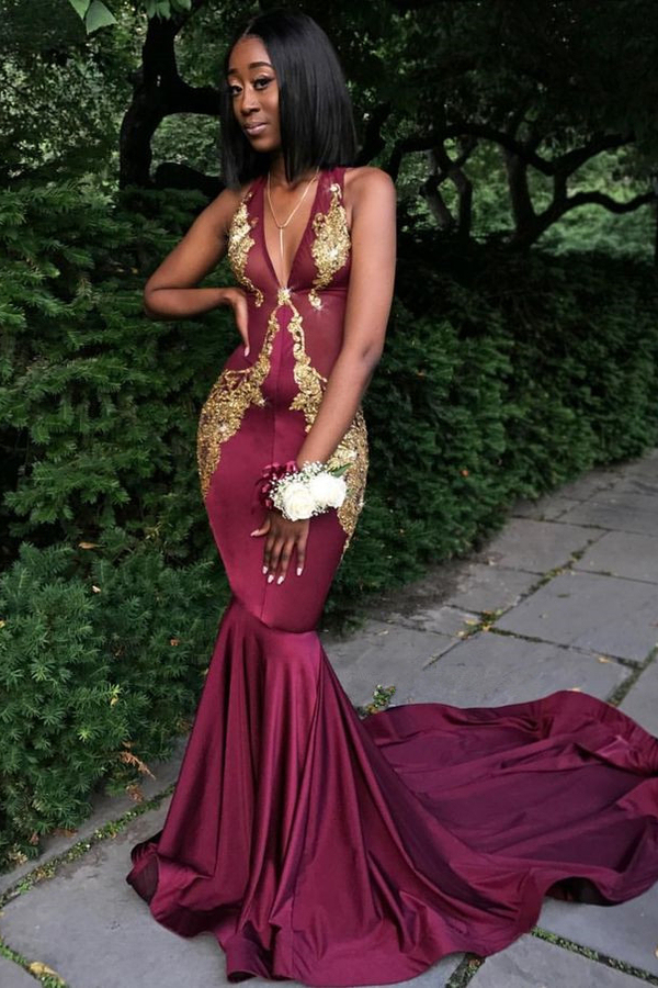 V-Neck Red Backless Prom Dress Sleeveless Beaded Front-Split Party Dress