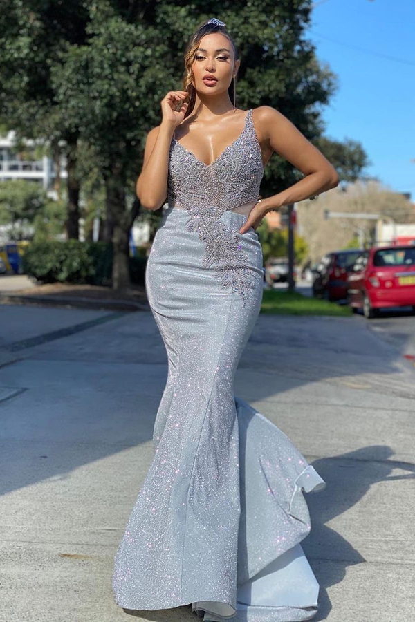 V-Neck Shinny Sequins Slim Mermaid Evening Dress with Lace Appliques