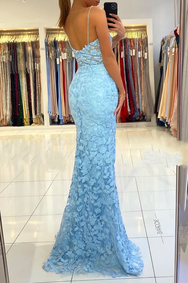 V-Neck Sky Blue High Split Special Lace Design Evening Dress