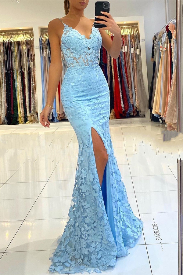 V-Neck Sky Blue High Split Special Lace Design Evening Dress
