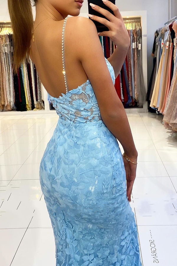 V-Neck Sky Blue High Split Special Lace Design Evening Dress