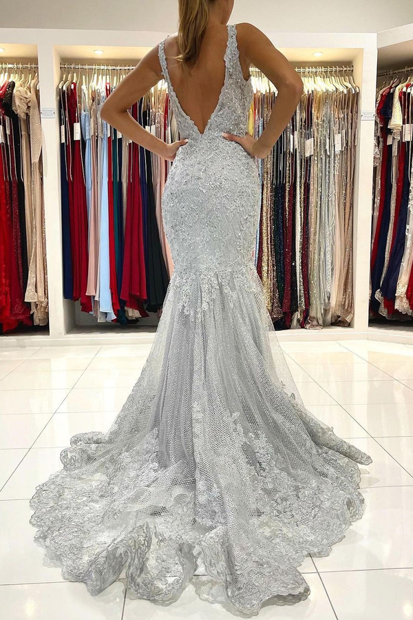 Glamorous Grey Sleeveless Mermaid Ball Gown | V-Neck Tulle Lace Evening Dress