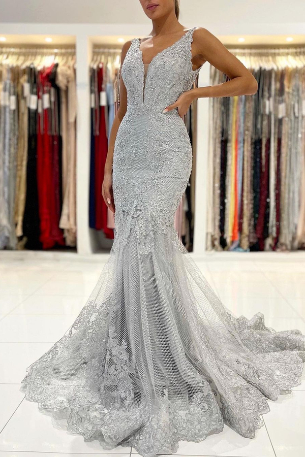 Glamorous Grey Sleeveless Mermaid Ball Gown | V-Neck Tulle Lace Evening Dress