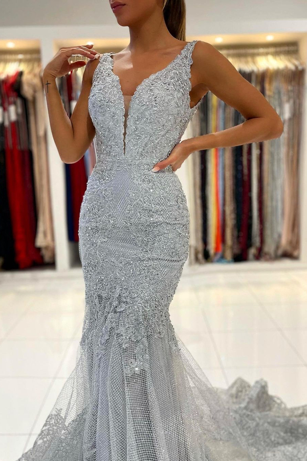 Glamorous Grey Sleeveless Mermaid Ball Gown | V-Neck Tulle Lace Evening Dress