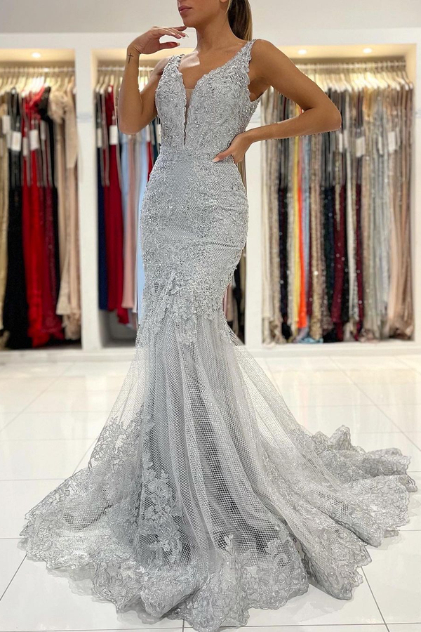 Glamorous Grey Sleeveless Mermaid Ball Gown | V-Neck Tulle Lace Evening Dress