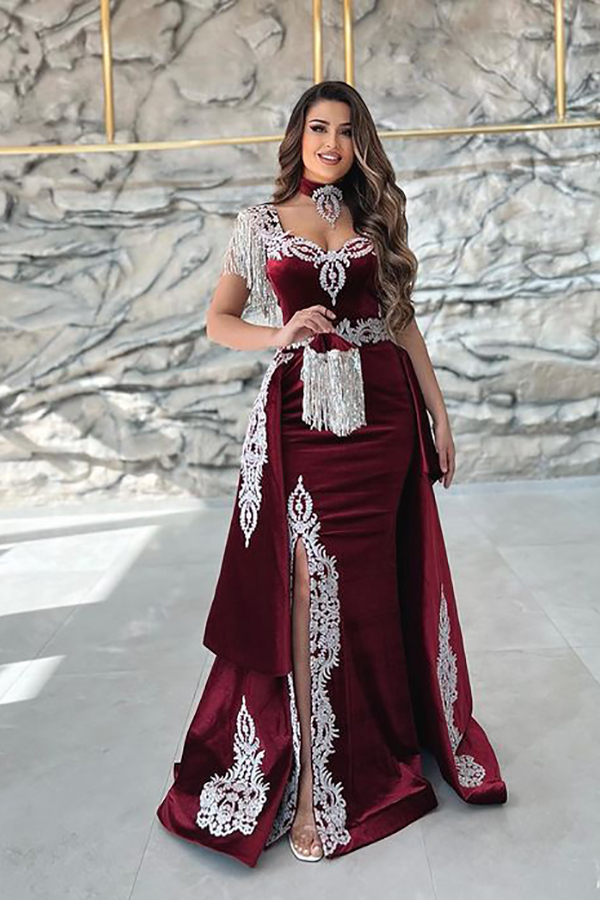 Velvet Burgundy Lace Sleeveless Evening Gown Long with Sweep Train