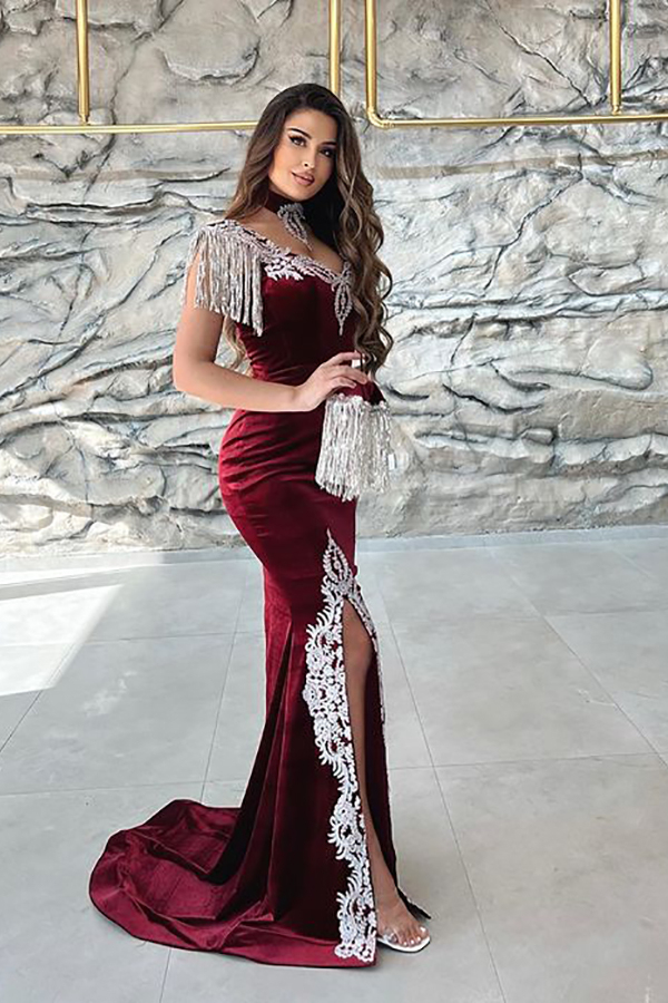Velvet Burgundy Lace Sleeveless Evening Gown Long with Sweep Train